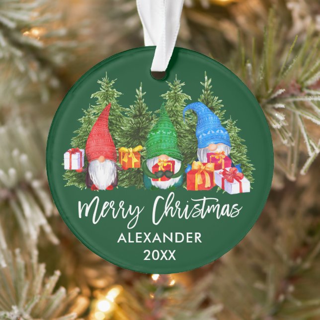 Brush Script Weihnachten Wasserfarben Gnomes Green Ornament (Baum)