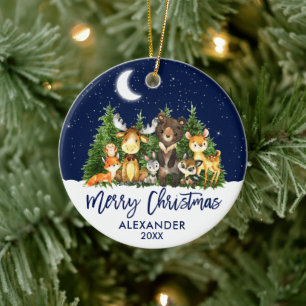 Brush Script Weihnachts-Woodland Tiere Blue Keramik Ornament