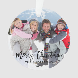 Brush Script Weihnachtsfamilie Foto White Ribbon Ornament