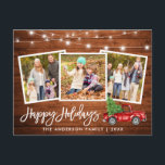 Brush Script Wohn Lights Lights LKW 3 Foto Urlaub Postkarte<br><div class="desc">Rustic Wood Brush Script 3 Foto Family Happy Holidays Card mit String Lights - Watercolor Vintag Red Truck mit Weihnachtsbaum</div>