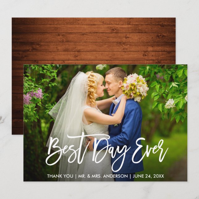 Brush Script Wood Best Day Ever Wedding Card Einladung (Vorne/Hinten)