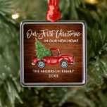 Brush Script Wood Erste Weihnachtsfeier Neuer Zuha Ornament Aus Metall<br><div class="desc">Modern Brush Script Unsere ersten Weihnachten in unserem New Zuhause Ornament beinhaltet Watercolor Vintag Red Truck mit Weihnachtsbaum. Rustikales Land Holz drucken.</div>