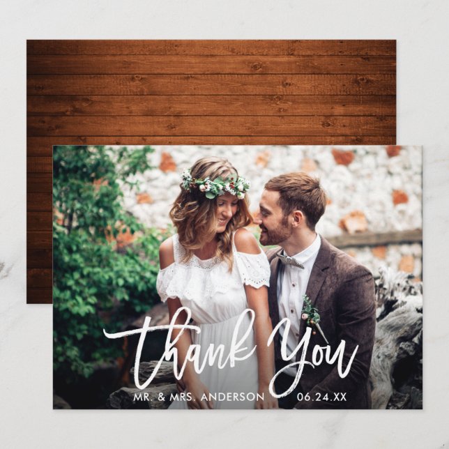 Brush Script Wood Wedding Foto Danke Karte (Vorne/Hinten)