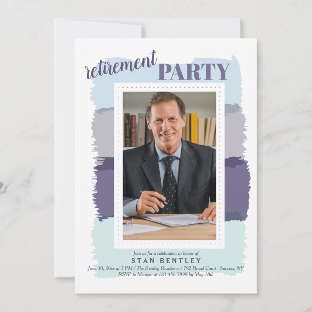 Brush Strokes Blue Foto Retirement Party Einladung (Vorderseite)