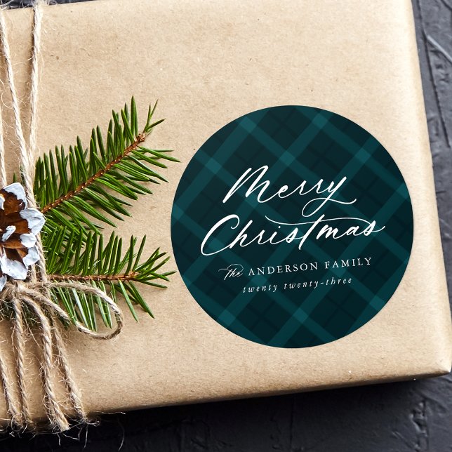 Brushed Aquamarin Kariert Frohe Weihnachten Runder Aufkleber (Von Creator hochgeladen)