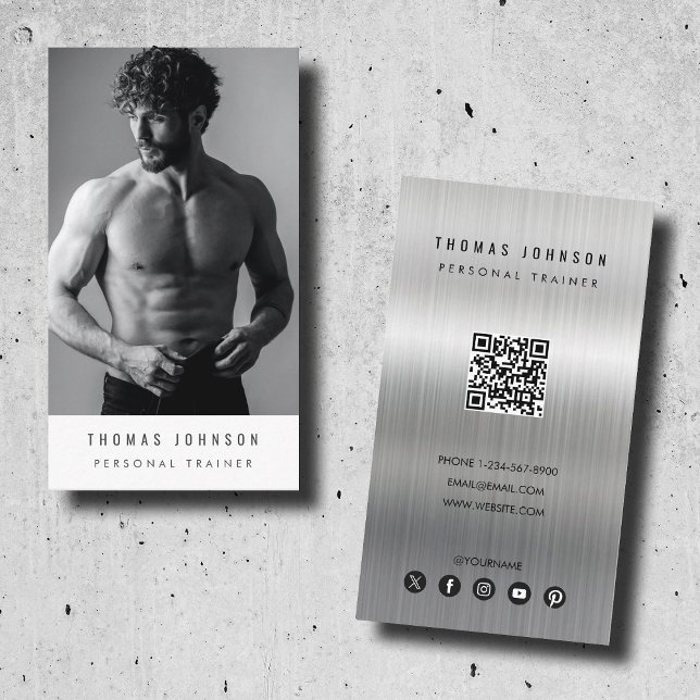 Brushed Metal Personal Trainer Fitness Photo Visitenkarte (Brushed Metal Personal Trainer Fitness Photo Business Card)