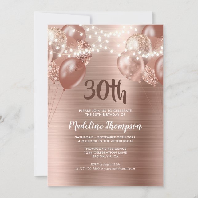 Brushed Rose Gold String Light Ballon Geburtstag Einladung (Vorderseite)