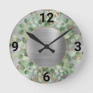 BRUSHED SILVER BOTANICAL EUCALYPTUS WALL CLOCK RUNDE WANDUHR