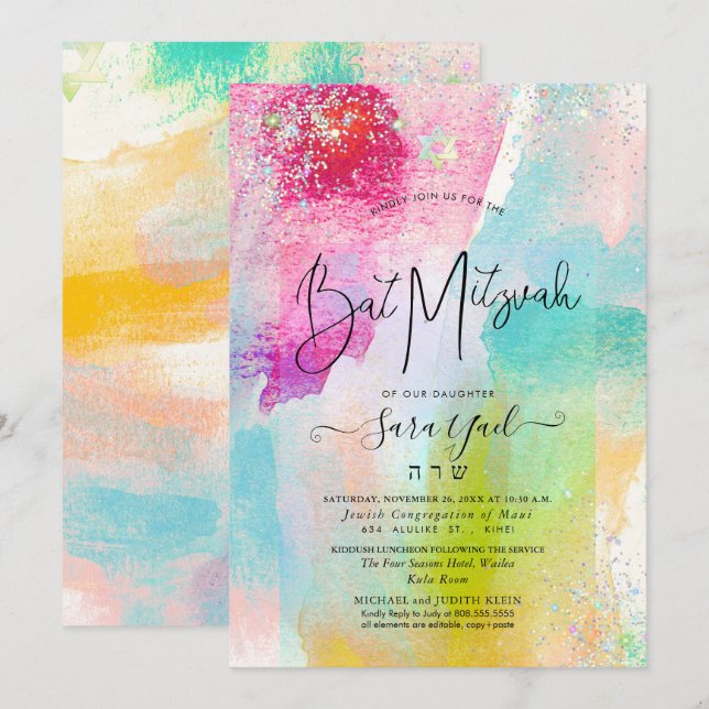 Brushed Watercolor Holographic Glitzer Mitzvah Inv Einladung (Vorne/Hinten)