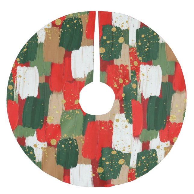 Brushstroke Cheer in Red, Green & Gold Polyester Weihnachtsbaumdecke (Vorderseite)