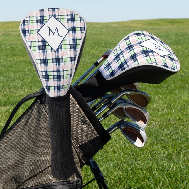 Brushstroke Navy Blue Preppy Kariert Mit Monogramm Golf Headcover (Von Creator hochgeladen)