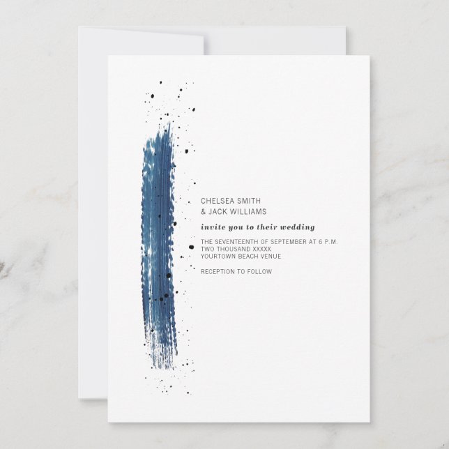 Brushstroke Speckle Blue Minimalistisch Modern Wed Einladung (Vorderseite)