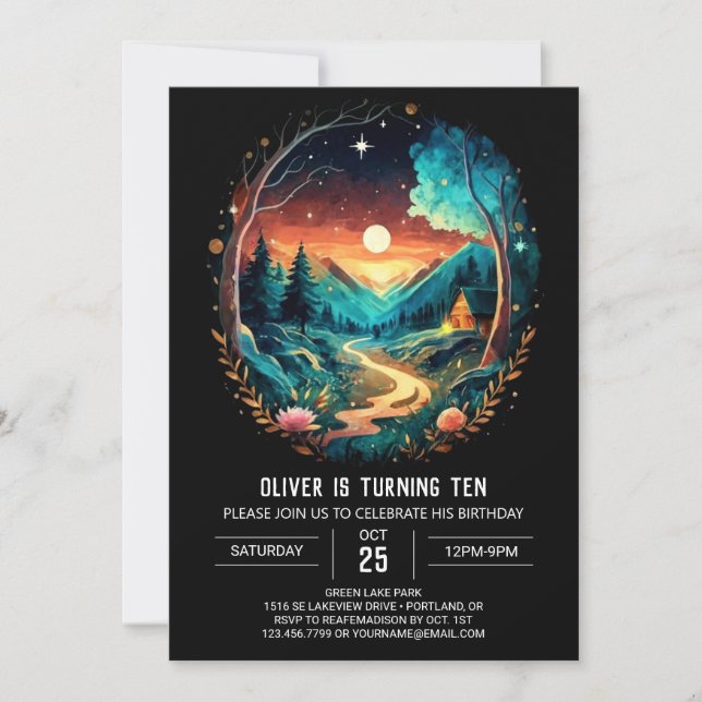 Brushwood Adventure Awaits Wonderland Geburtstag Einladung (Vorderseite)