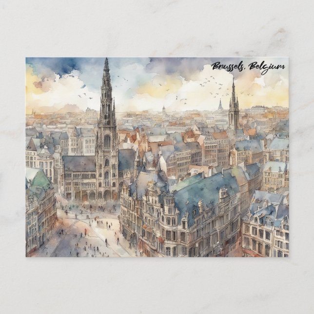 Brüssel Belgien Aquarellmalerei Panoramaansicht Postkarte (Vorderseite)