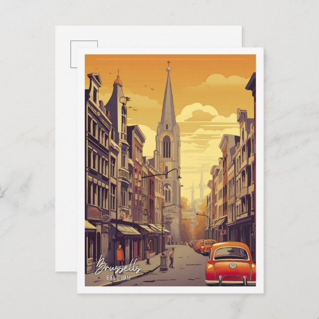 Brüssel Belgien Art Vintage Travel Illustration Postkarte (Vorne/Hinten)