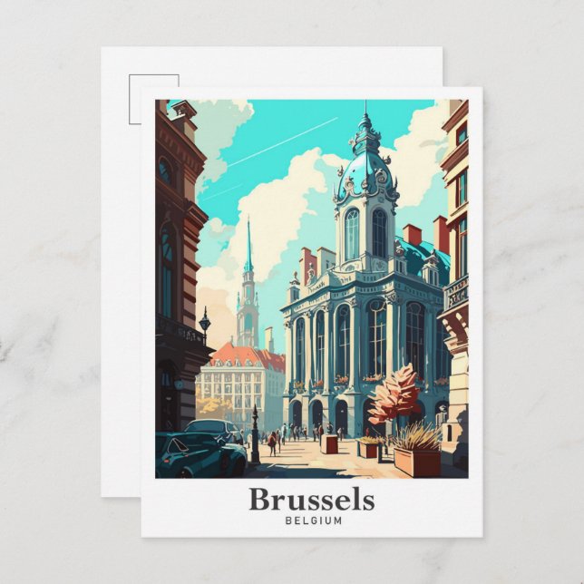 Brüssel Belgien Art Vintage Travel Illustration Postkarte (Vorne/Hinten)