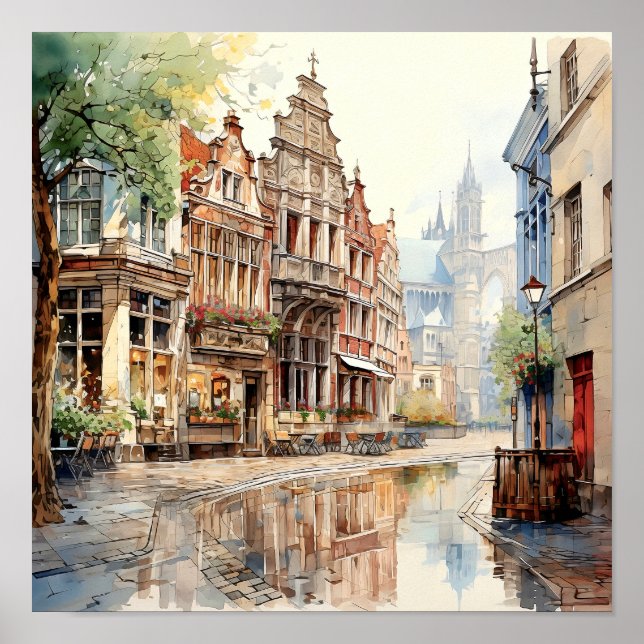 Brüssel Belgien Reisen Wasserfarben Kunst drucken Poster (Vorne)
