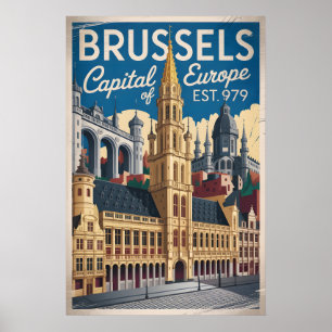 Brüssel Belgien Retro Skyline Stadtansicht Reise  Poster