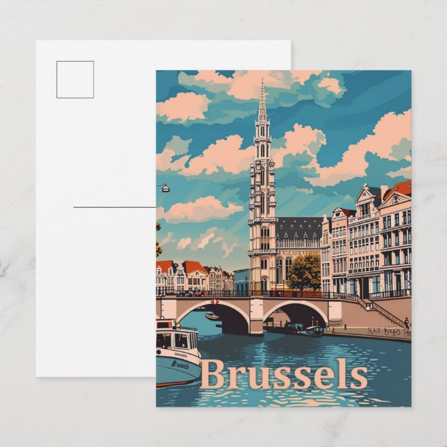 Brüssel Belgien Vintag Retro Travel Illustration Postkarte (Vorne/Hinten)