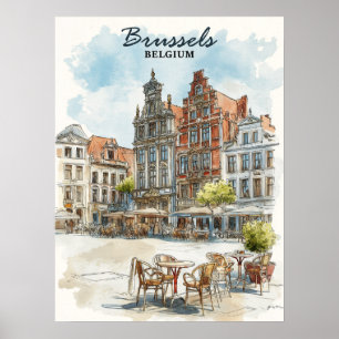 Brüssel Belgien - Vintages Wasserfarbenbild Stadt Poster