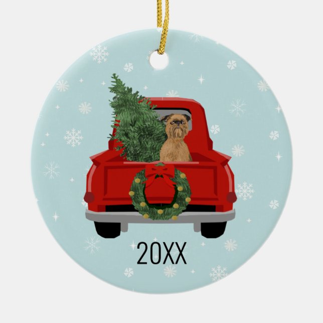 Brüssel Griffon Christmas Red Truck Keramik Ornament (Vorne)