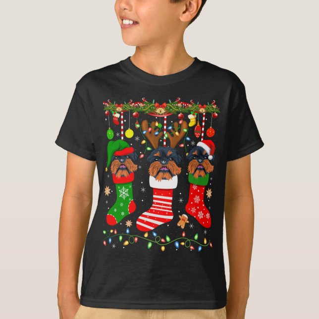 Brussels Griffon Dog in Christmas Socks Lights Xma T-Shirt (Vorderseite)