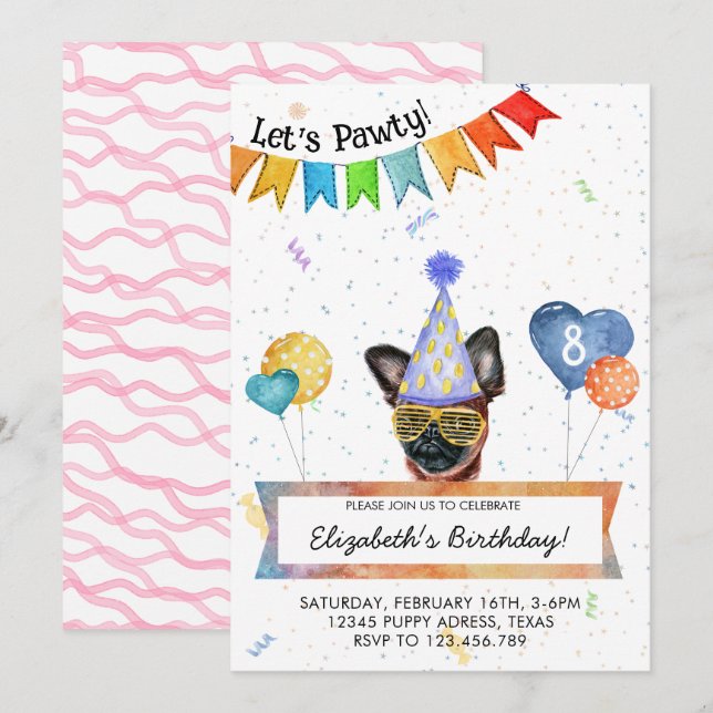 Brussels Griffon Lasse Pawty Dog Birthday Party Einladung (Vorne/Hinten)