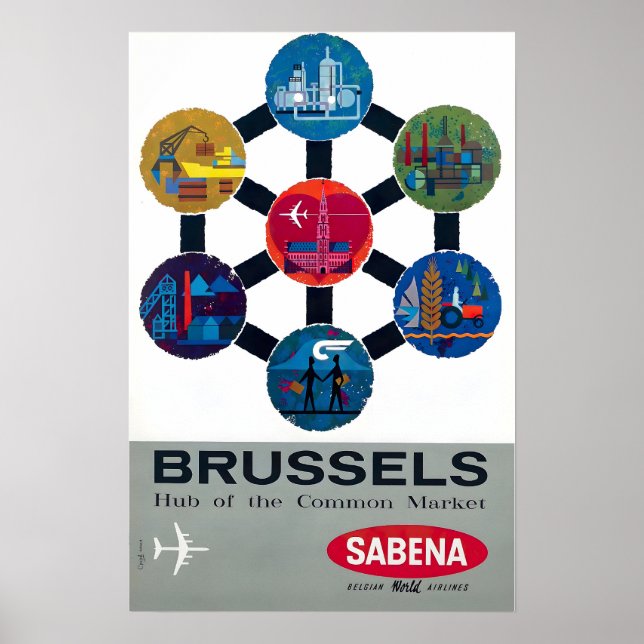 Brussels Print Belgium Art Sebena Airlines Travel  Poster (Vorne)