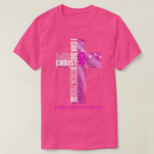 Brustkrebs-Bewusstsein Christliche Cross Ribbon T-Shirt (Design vorne)