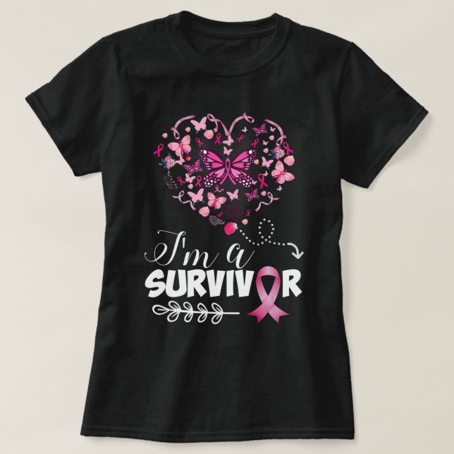 Brustkrebs Bewusstsein Pink Butterfly Herz Ich bin T-Shirt (Design vorne)