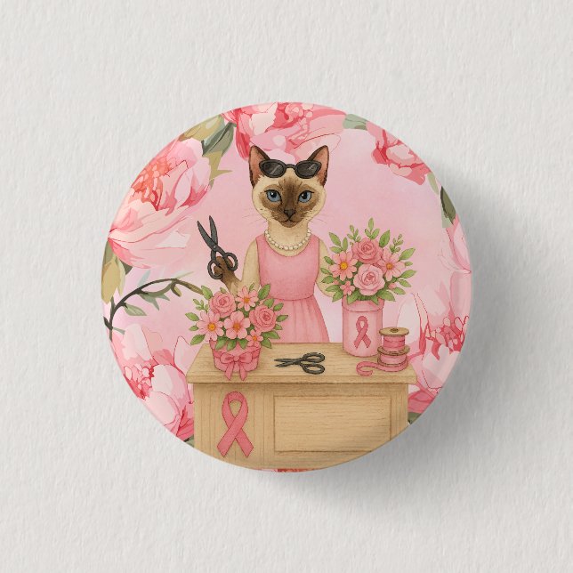 Brustkrebs-Bewusstsein Rosa Band Blumenthema Button (Vorderseite)