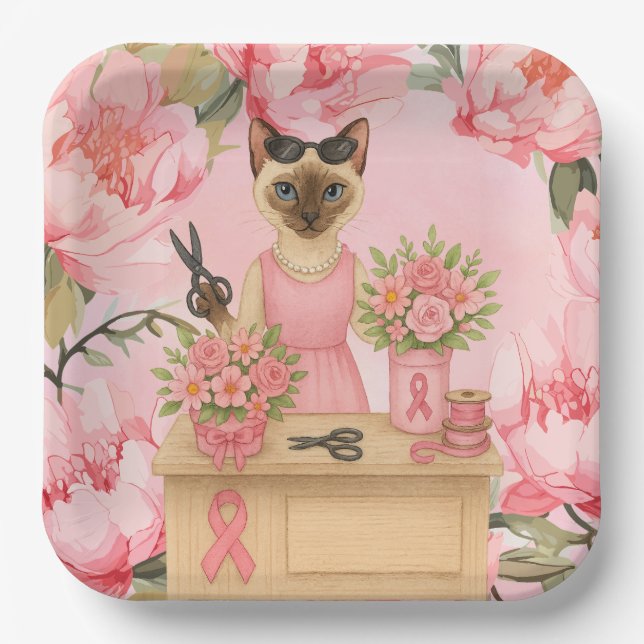 Brustkrebs-Bewusstsein Rosa Band Blumenthema Pappteller (Vorderseite)