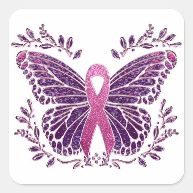 Brustkrebs-Bewusstsein Schmetterling Blumengrenze Quadratischer Aufkleber (Vorderseite)