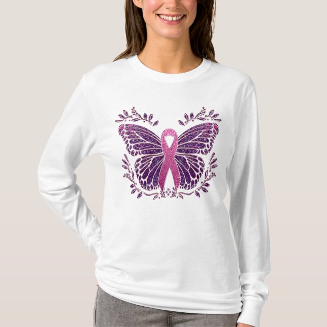 Brustkrebs-Bewusstsein Schmetterling Blumengrenze T-Shirt (Vorderseite)