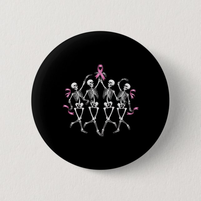 Brustkrebs-Bewusstsein Skelett Tanzendes Rosa Band Button (Vorderseite)
