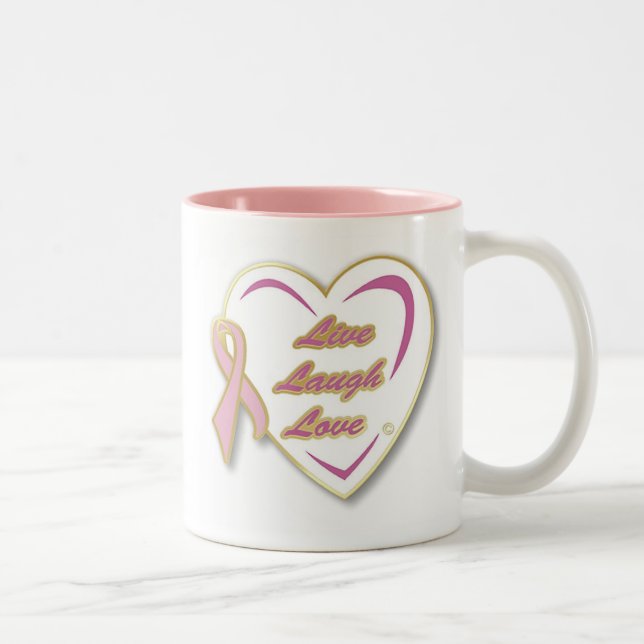 Brustkrebs-Tasse LiveLaughLove mit rosa Band Zweifarbige Tasse (Rechts)