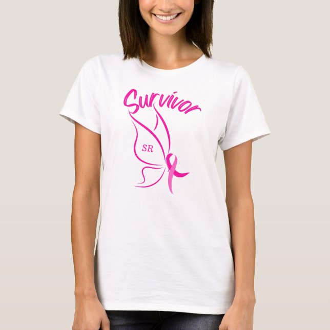 Brustkrebs - Überlebensname Monogramm Butterfly T-Shirt (Vorderseite)