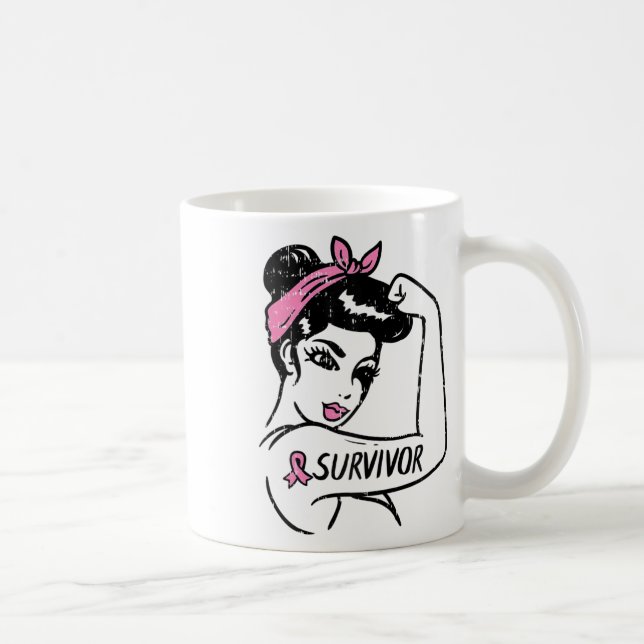 Brustkrebsüberlebung Rosie Riveter Pink Awarenes Kaffeetasse (Rechts)