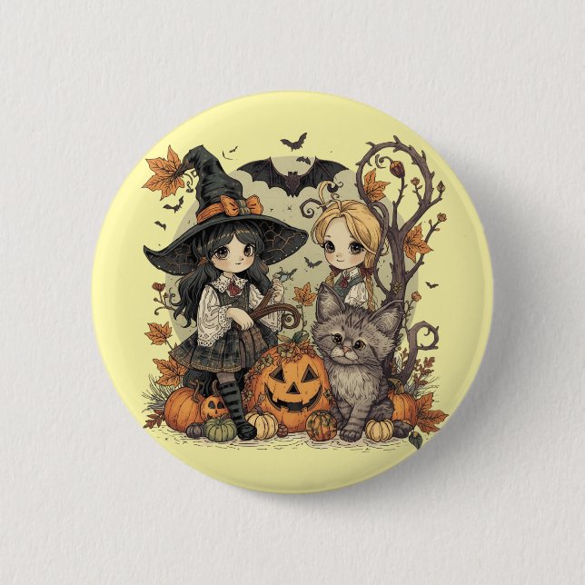Bruxinhas Kawaii com Gatinho e Abóboras  Button (Vorderseite)
