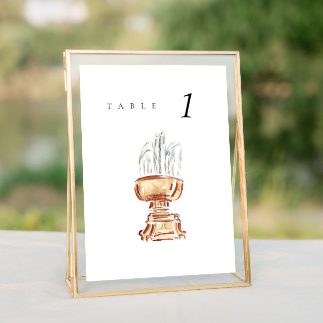 Bryant Park Fountain New York Wedding Tischnummer (Watercolor Bryant Park Fountain New York City wedding table number sign.)