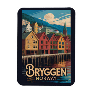 Bryggen Norwegen Illustration Reise Kunst Bergen Magnet