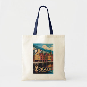 Bryggen Norwegen Illustration Reise Kunst Bergen Tragetasche