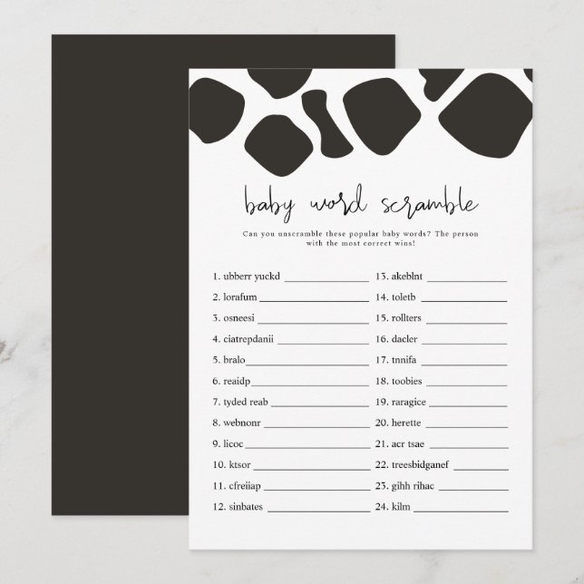 BRYNDLE Modern Cow Print Baby Word Scramspiel Einladung (Vorne/Hinten)