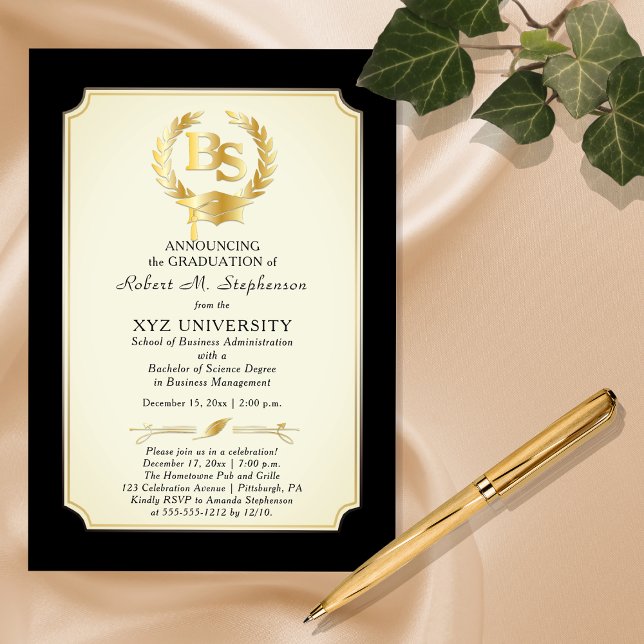 BS - Bachelor of Science Degree Uni-Abschluss Folieneinladung (Elegant "BS" Bachelor of Science Degree College Graduation Foil Invitation -- Off White)