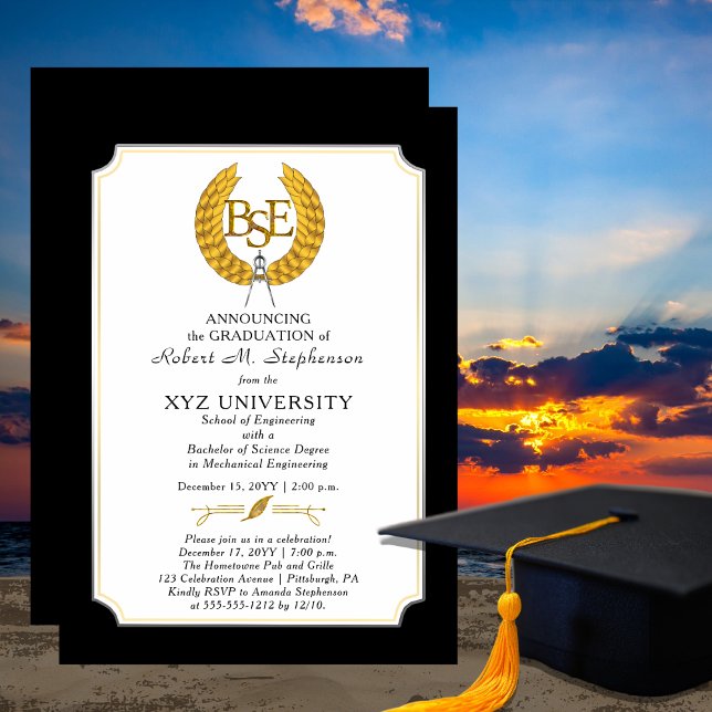 BSE - Bachelor of Science Engineering Abschluss Einladung (Elegant "BSE" Engineering Graduate Graduation Announcement and Party Invitation - Print | Download)