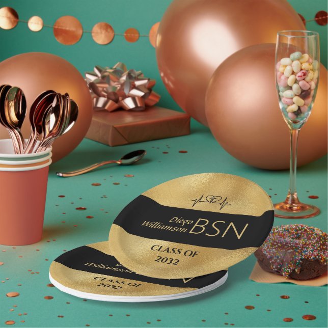 BSN NURSE Abschluss RN LPN Name Black Imitats Gold Pappteller (Multi)