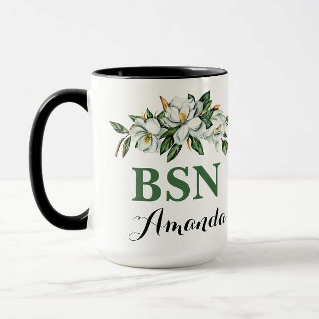 BSN Watercolor Floral Greenery Magnolia Abschluss Tasse (Links)