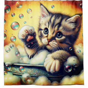 "Bubble Bath Kitten - Whimsical Bath Time Art" Duschvorhang