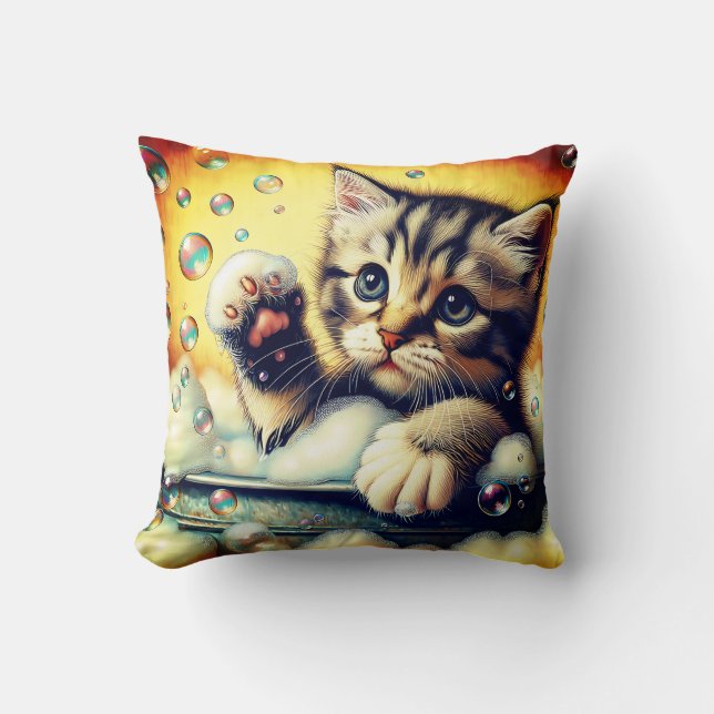 "Bubble Bath Kitten - Whimsical Bath Time Art" Kissen (Vorderseite)