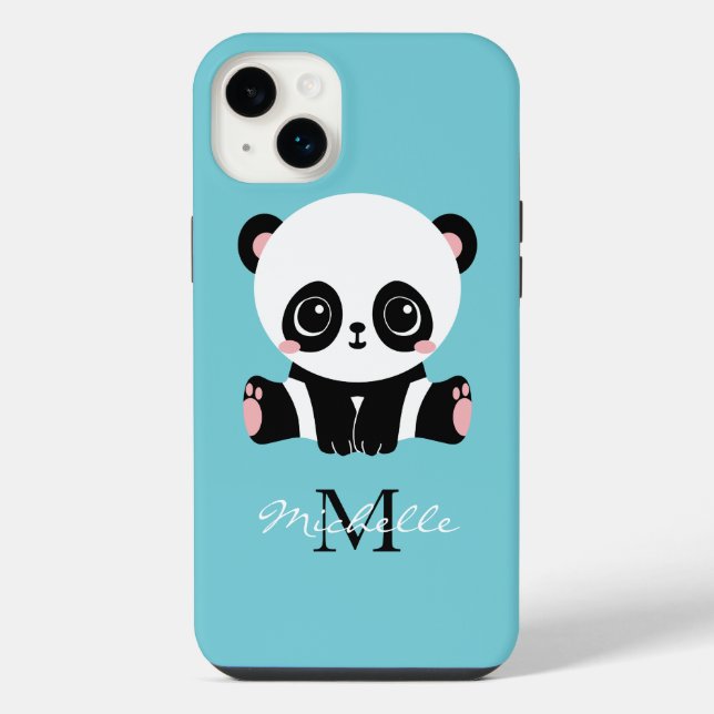 Bubble Gum Blaues Panda-Monogramm Personalisierter iPhone Hülle (Rückseite)